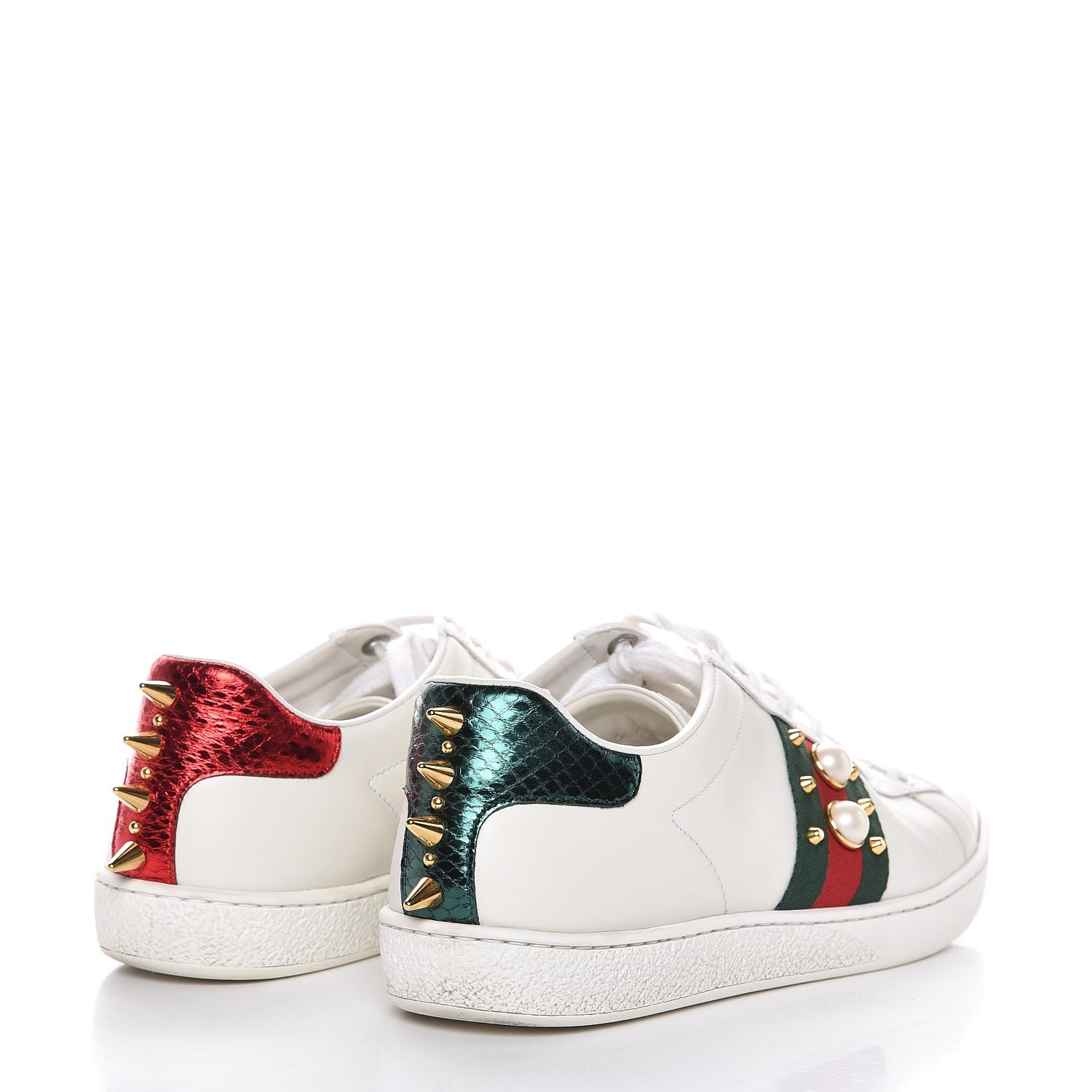 Gucci Calfskin Web Pearl Studded Ace Sneakers 37 White 4 of 11