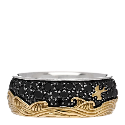 David Yurman Sterling Silver 18K Yellow Gold Black Diamond Wave Band Ring 60 9 1 of 6