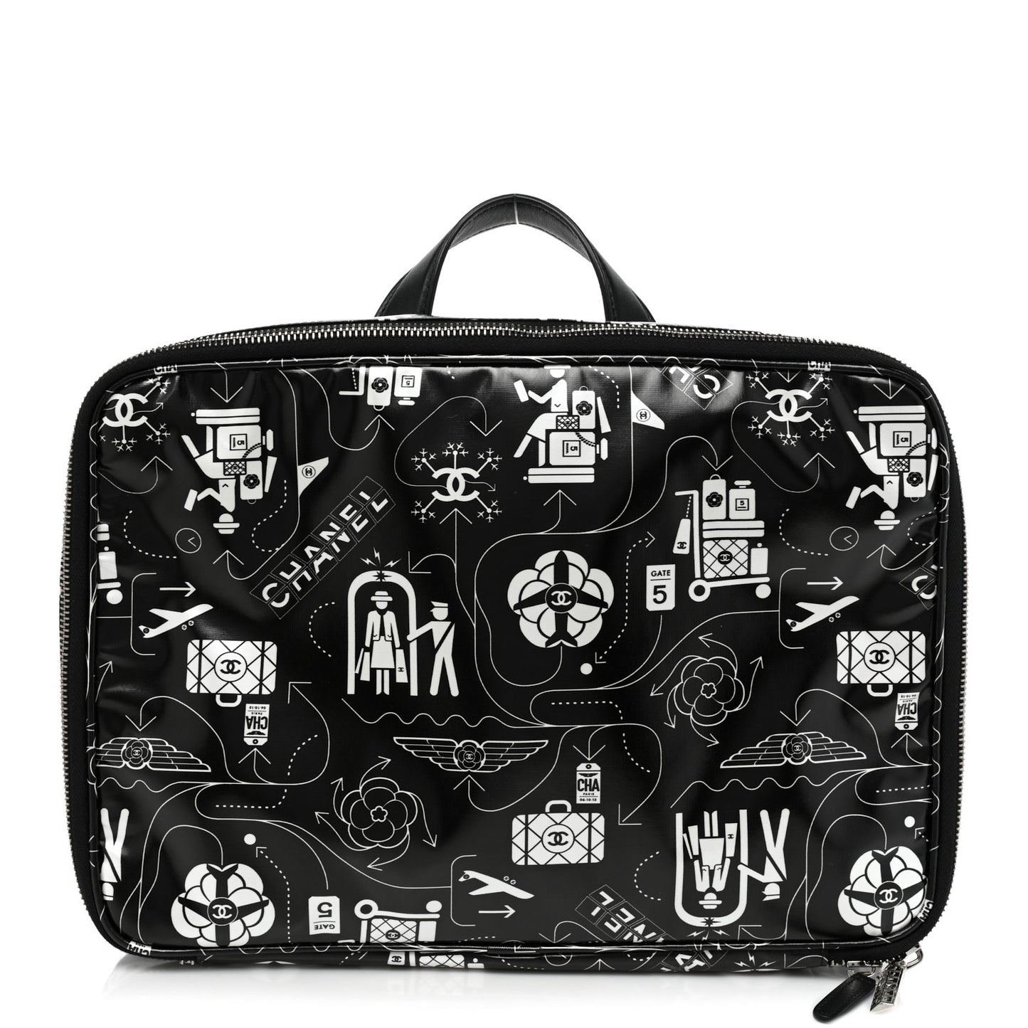 Coated Canvas Airline Cosmetic Travel Bag Black White