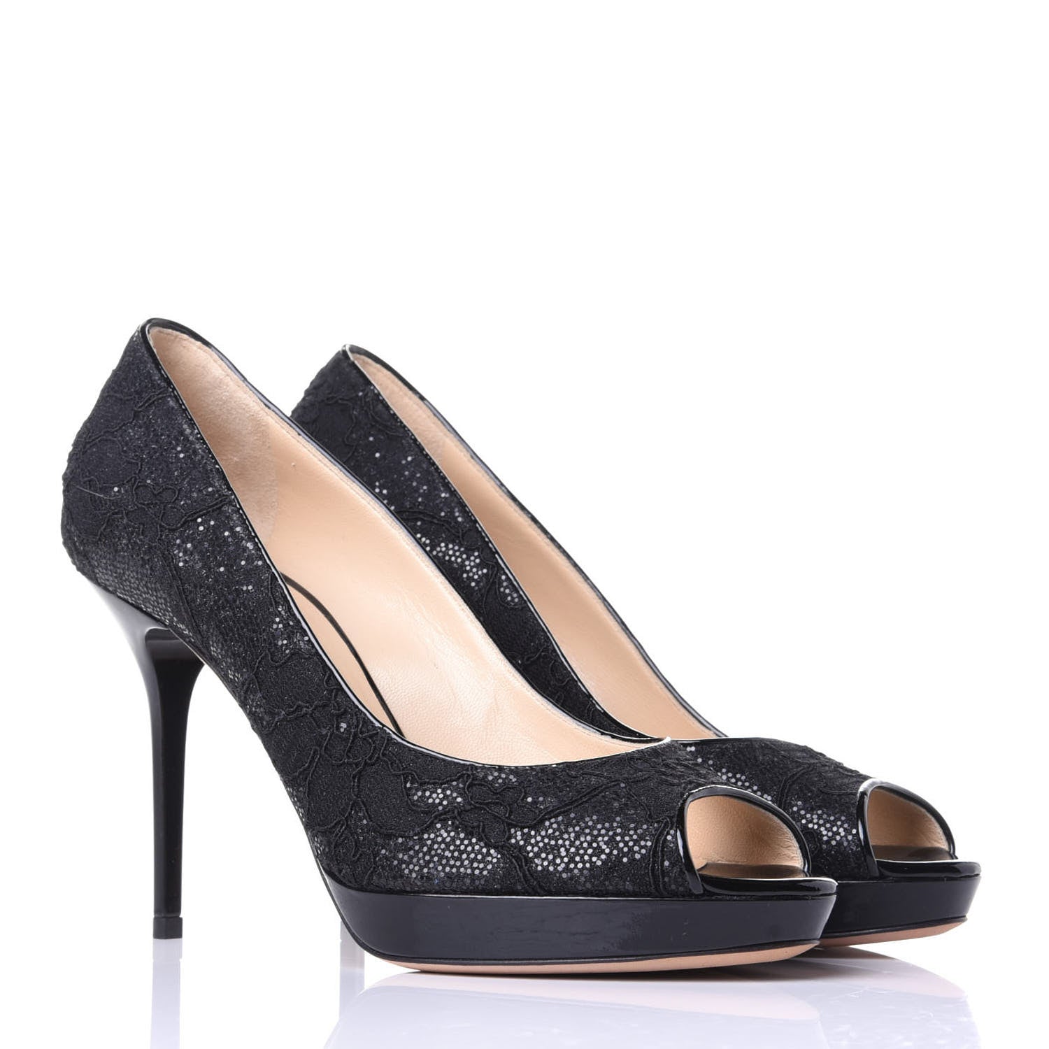 Jimmy Choo Lace Glitter Luna Peep Toe Pumps 37 Black 4 of 10