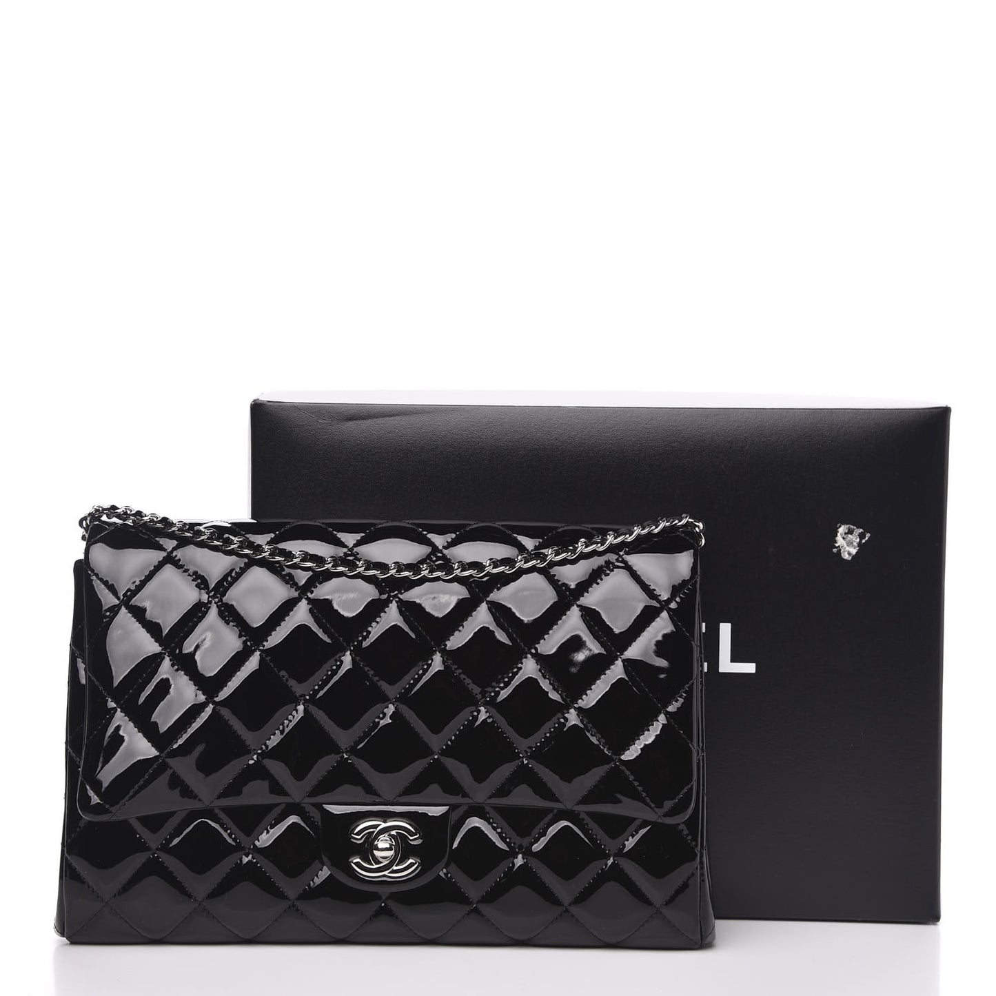 Striated Patent Quilted Clutch With Chain Flap Black