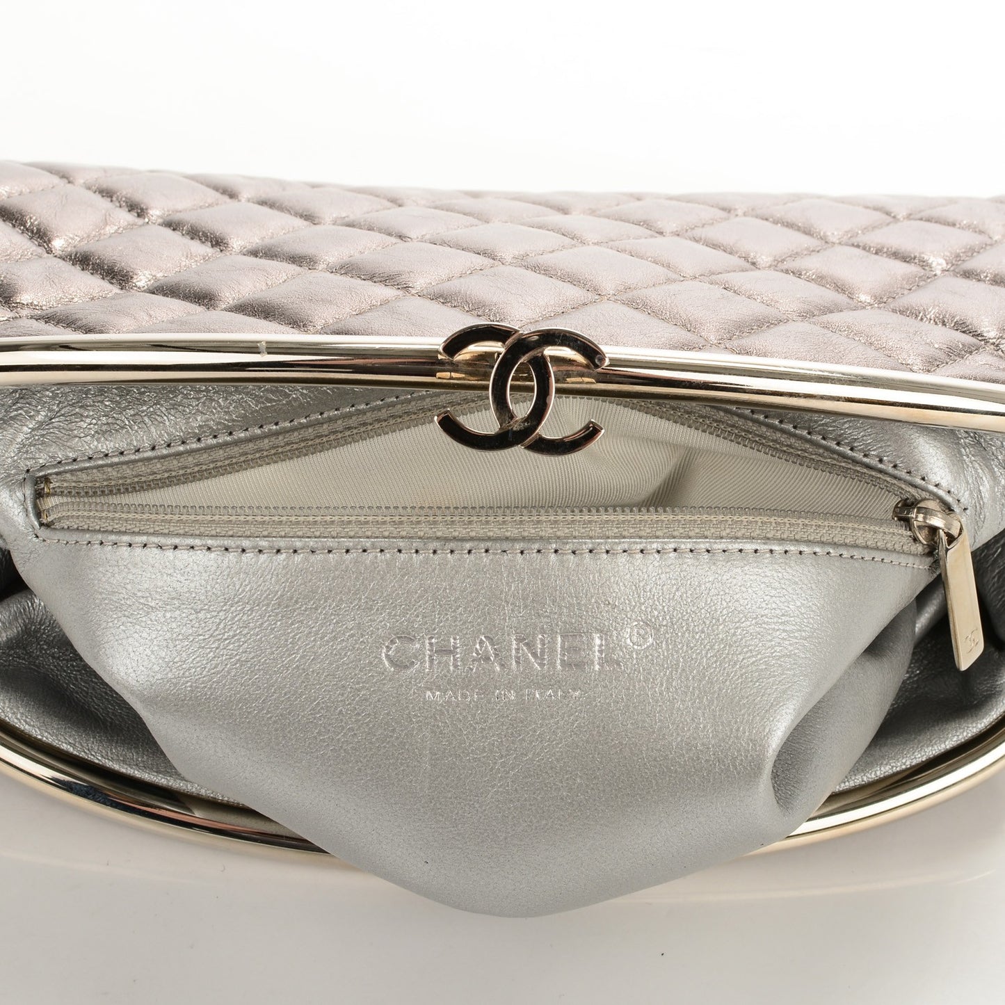 Metallic Aged Calfskin Quilted Timeless Clutch Silver