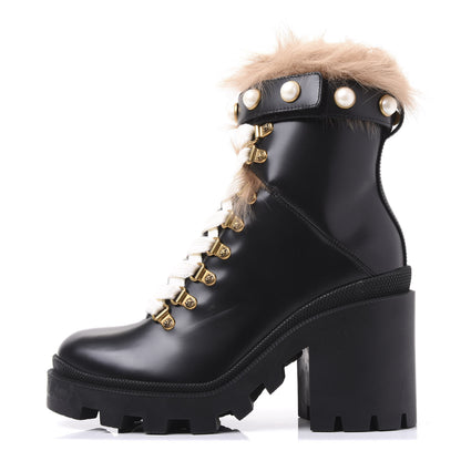 Gucci Magnum Calfskin Fur Pearl Lace Up Combat Ankle Boots 37 Black Naturale 1 of 8