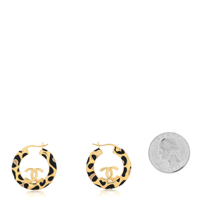 Chanel Metal Leopard Print CC Hoop Earrings Gold Black Beige 2 of 4
