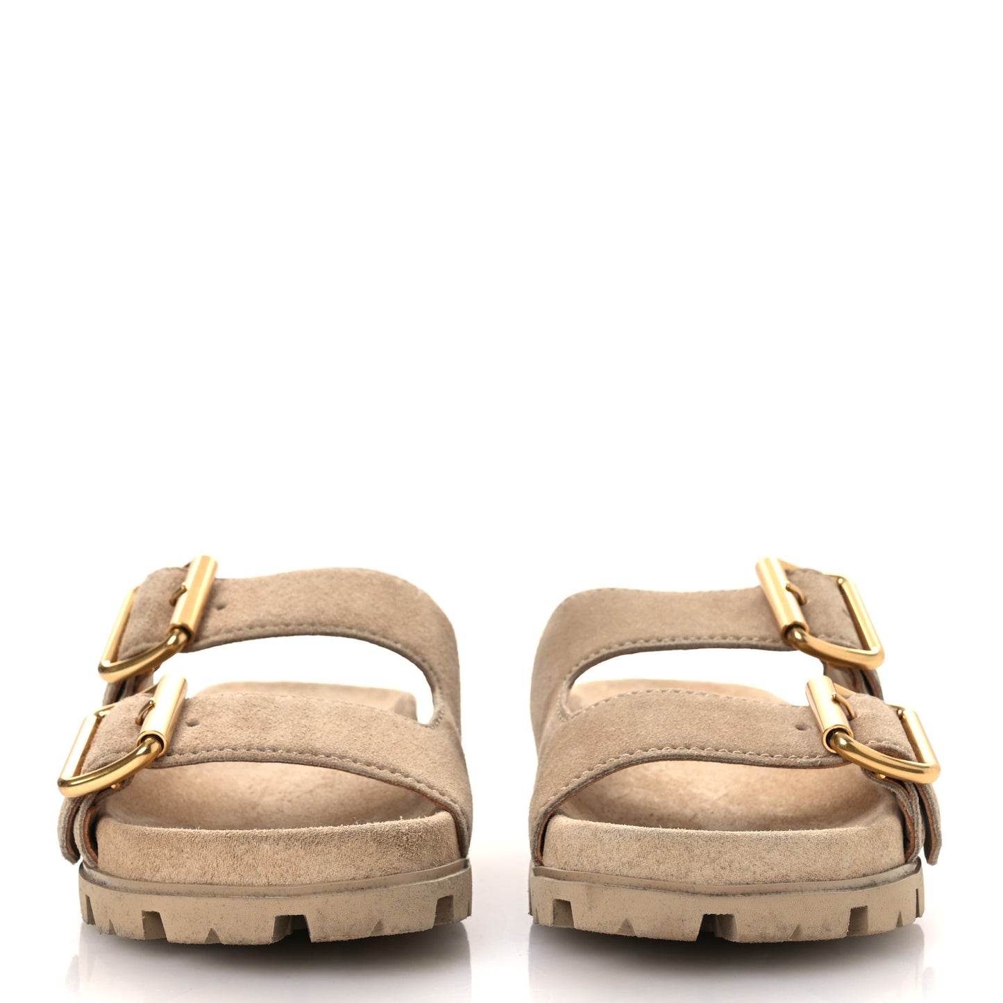 Suede Metal Triangle Logo Womens Double Buckle 20mm Slide Sandals 37 Ecru