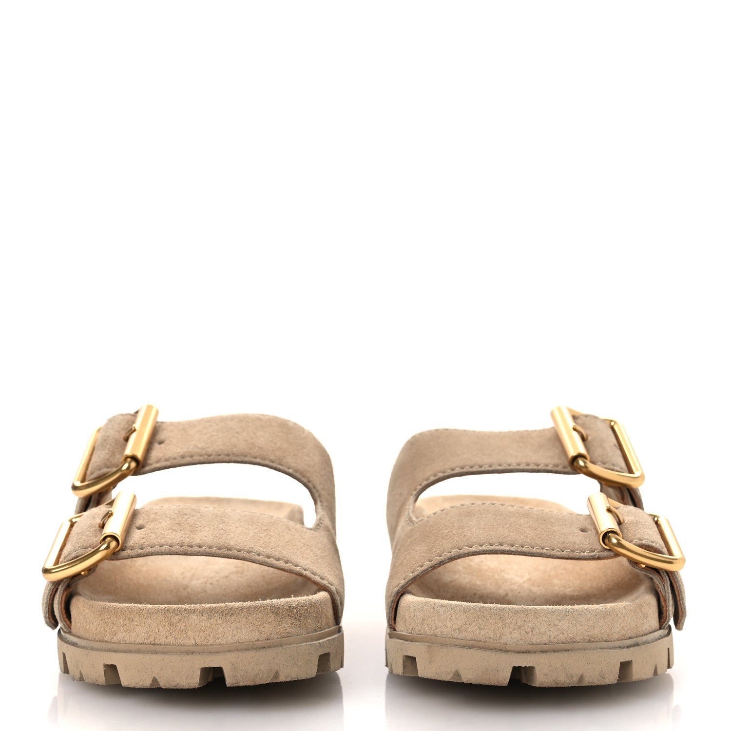 Prada Suede Metal Triangle Logo Womens Double Buckle 20mm Slide Sandals 37 Ecru 3 of 11