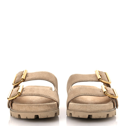 Prada Suede Metal Triangle Logo Womens Double Buckle 20mm Slide Sandals 37 Ecru 3 of 11