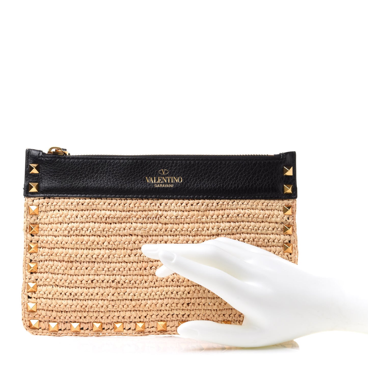 Raffia Calfskin Small Rockstud Zip Pouch Naturale Black