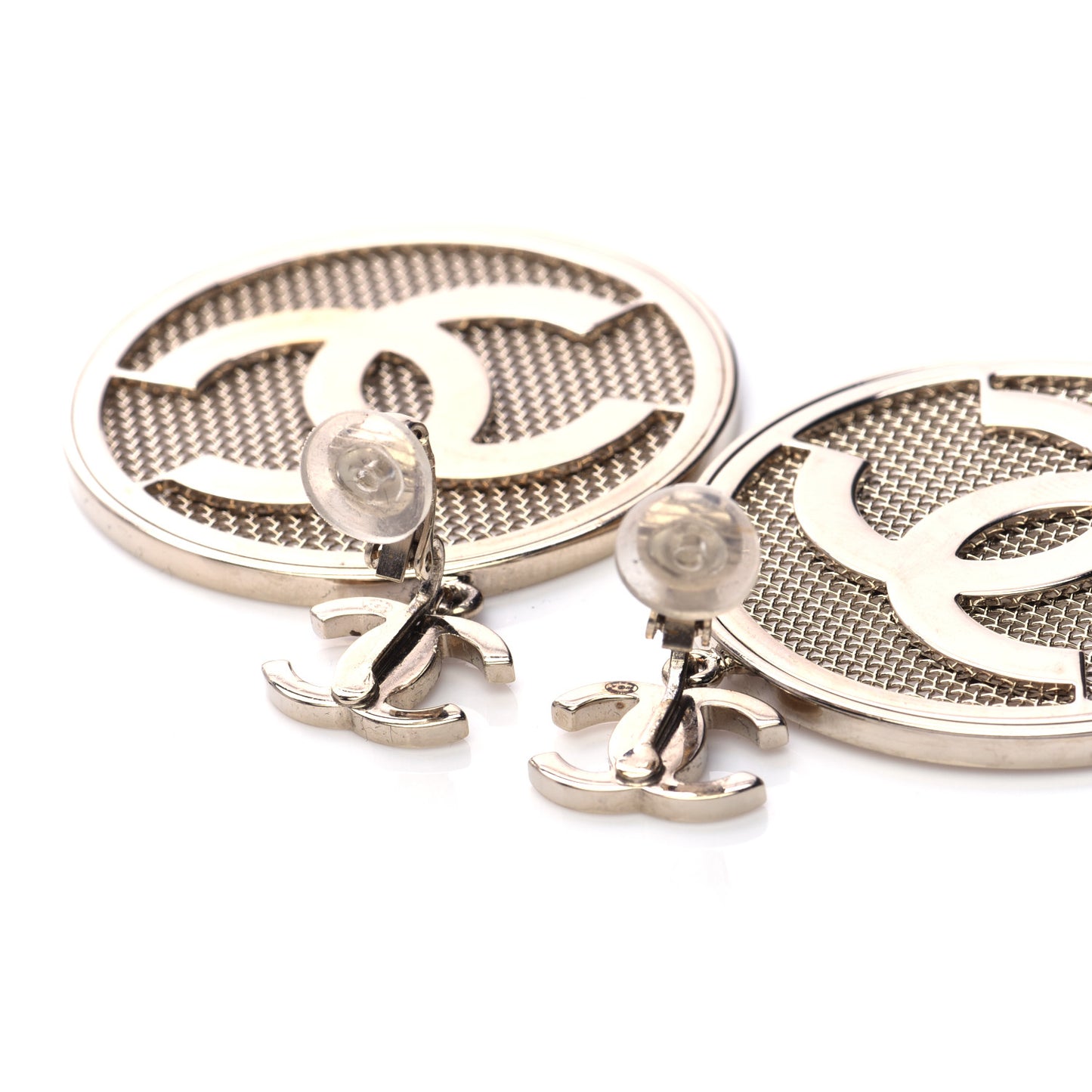 Metal Mesh Circle CC Clip On Earrings Gold