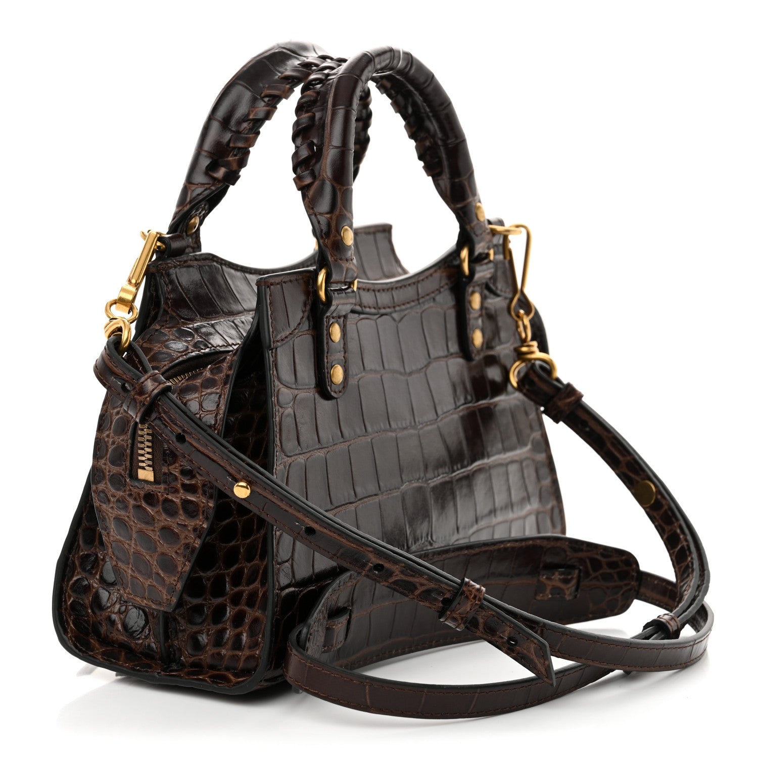Balenciaga Semi Shiny Calfskin Crocodile Embossed Neo Classic Gold Hardware Mini City Dark Brown 3 of 10