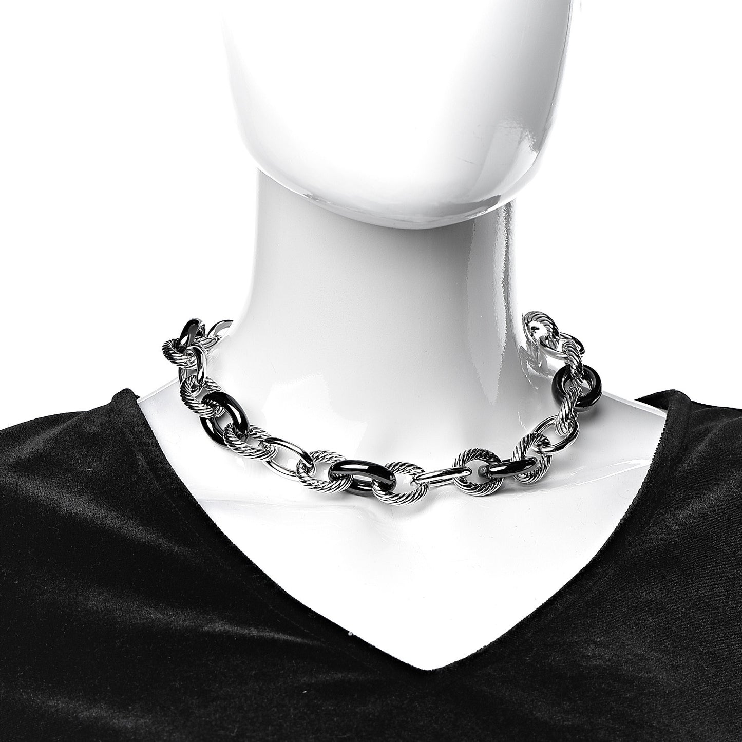 Sterling Silver Black Ceramic 18mm Large Oval Link Necklace Black
