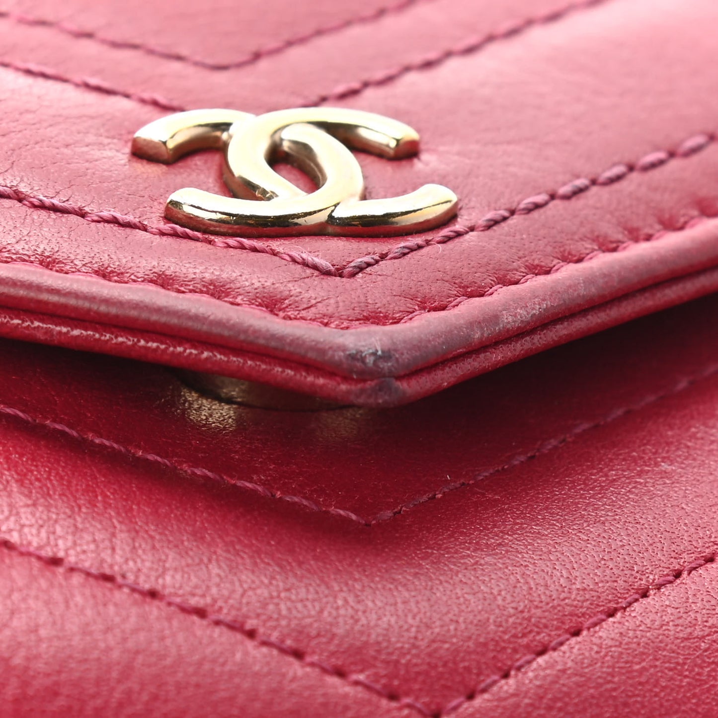 Goatskin Chevron Quilted Statement Wallet On Chain WOC Dark Pink