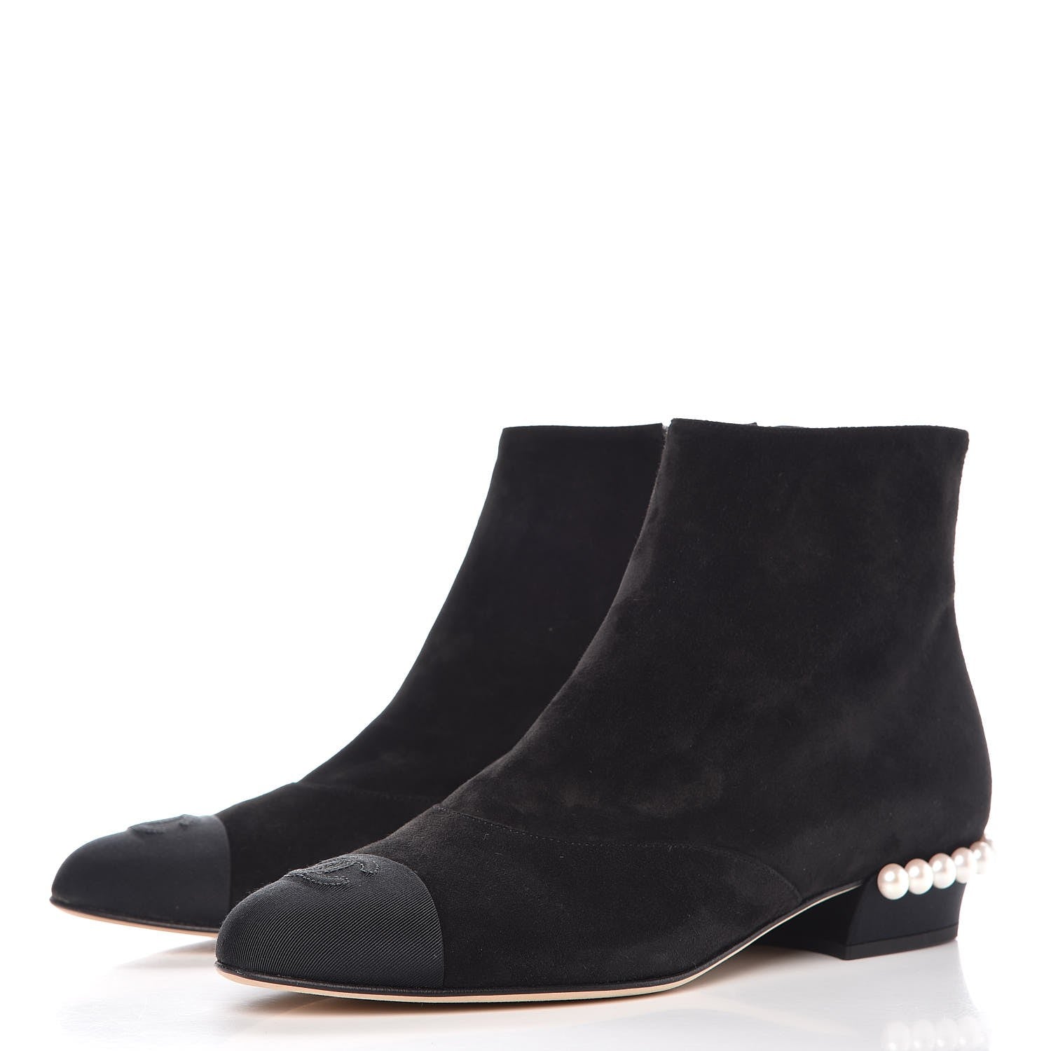 Chanel Suede Calfskin Pearl Cap Toe Short Boots 38 Black 3 of 9