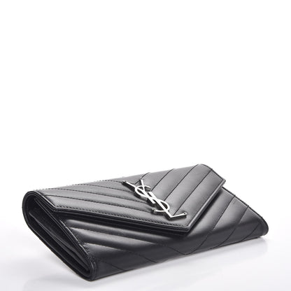 Saint Laurent Calfskin Matelasse Chevron Monogram Flap Wallet Black 4 of 9