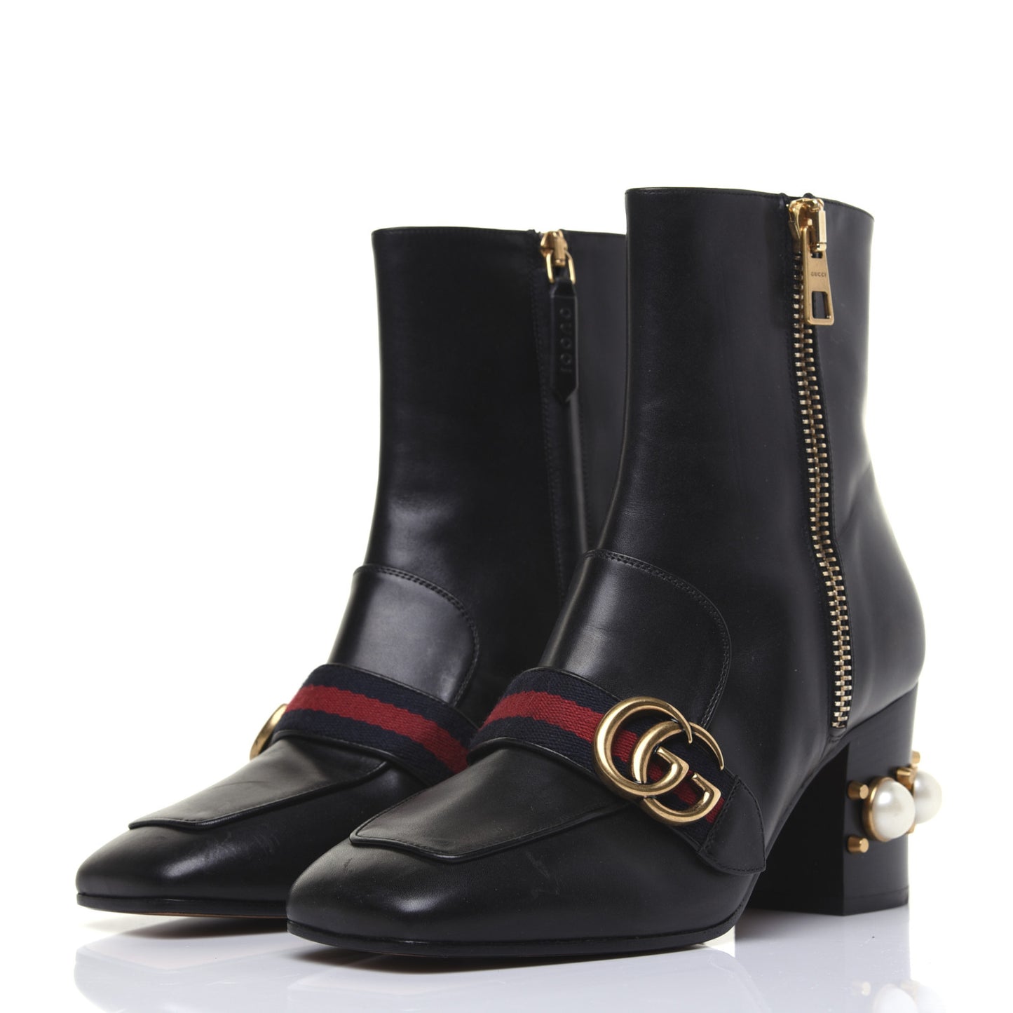 Betis Glamour Calfskin Web Pearl Embellished Peyton 75mm Ankle Boots 37 Black