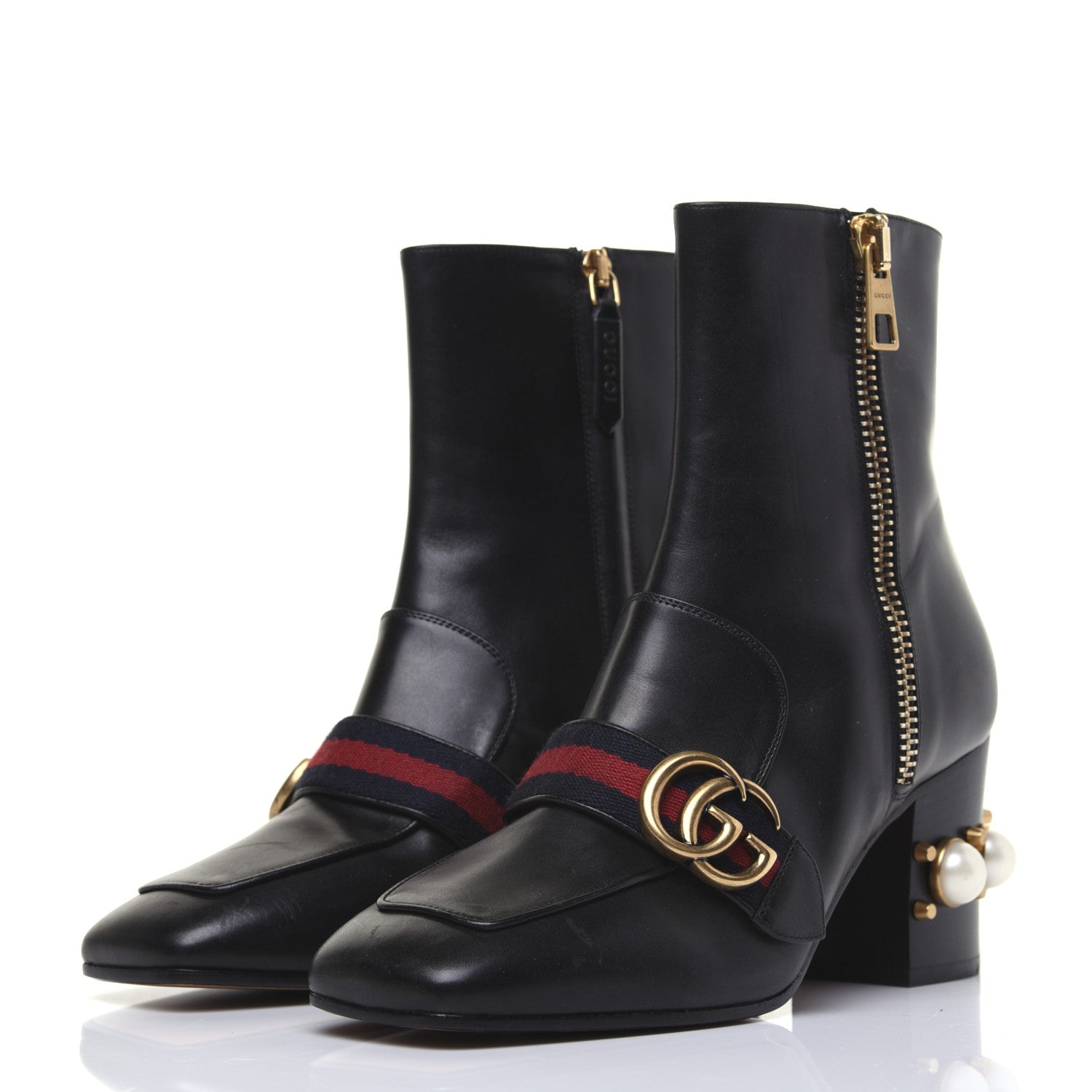 Gucci Betis Glamour Calfskin Web Pearl Embellished Peyton 75mm Ankle Boots 37 Black 2 of 19