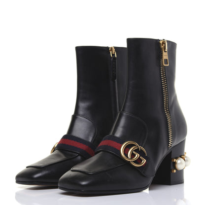 Gucci Betis Glamour Calfskin Web Pearl Embellished Peyton 75mm Ankle Boots 37 Black 2 of 19