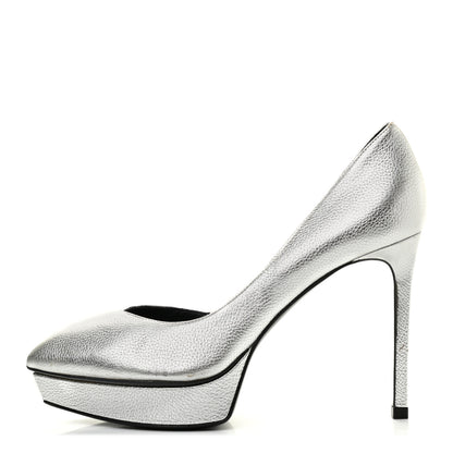 Saint Laurent Metallic Grained Calfskin Janis 105 D'Orsay Pumps 36.5 Argento 1 of 18