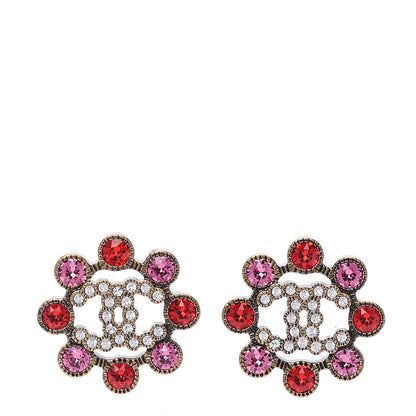 Chanel Metal Crystal City of Lights Round Earrings Pink Red Gold 1 of 4