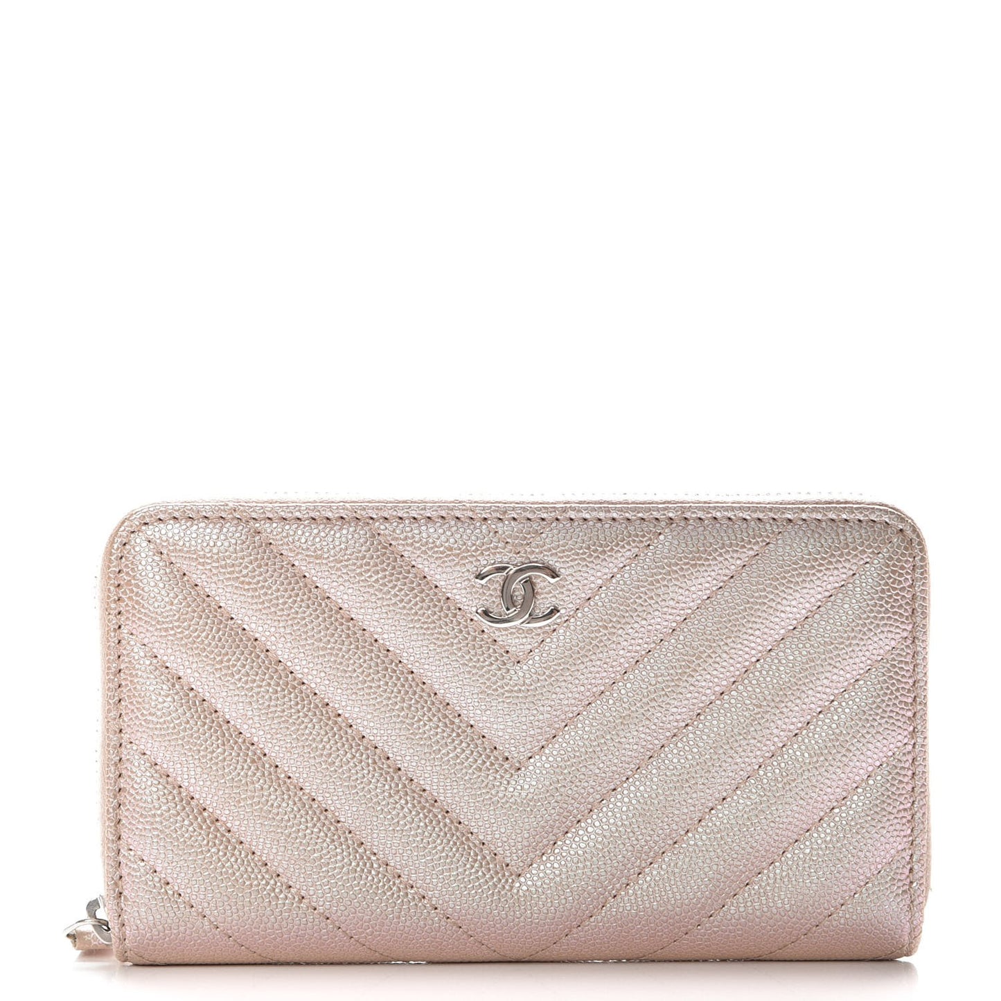 Metallic Caviar Chevron Quilted Small Zip Around Wallet Light Gold