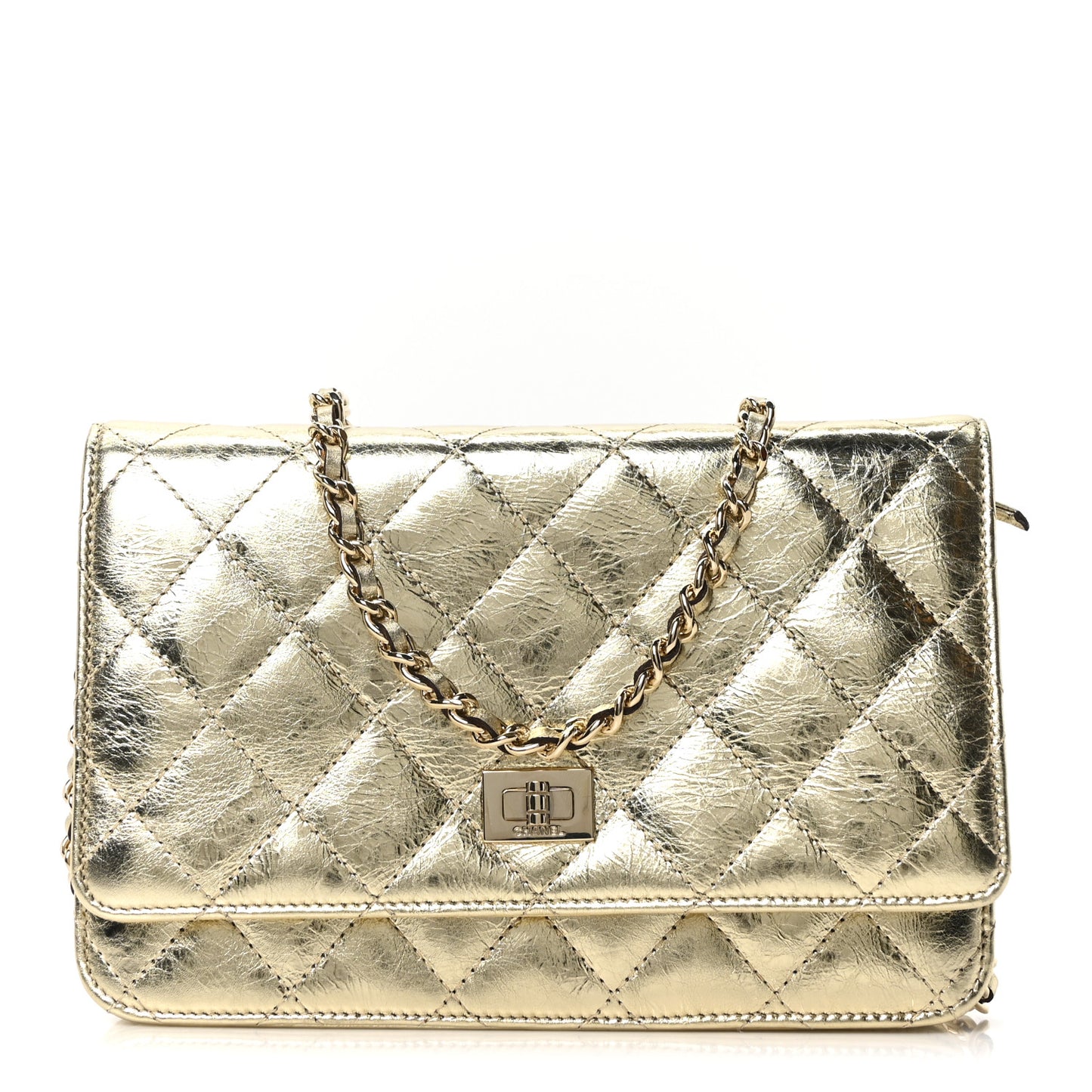 Metallic Aged Calfskin Quilted Reissue Wallet On Chain WOC Gold