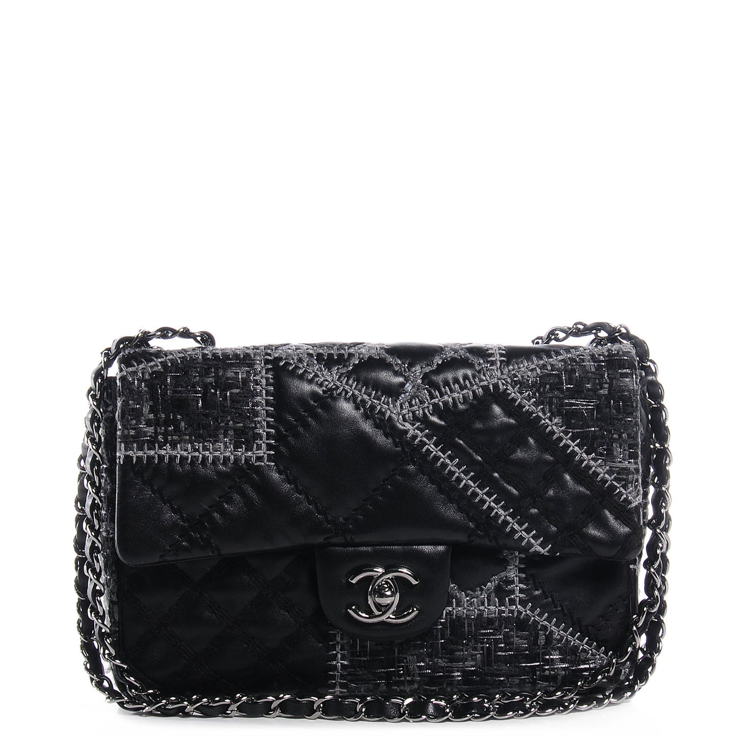 Lambskin Patchwork Stitched Small Flap Black