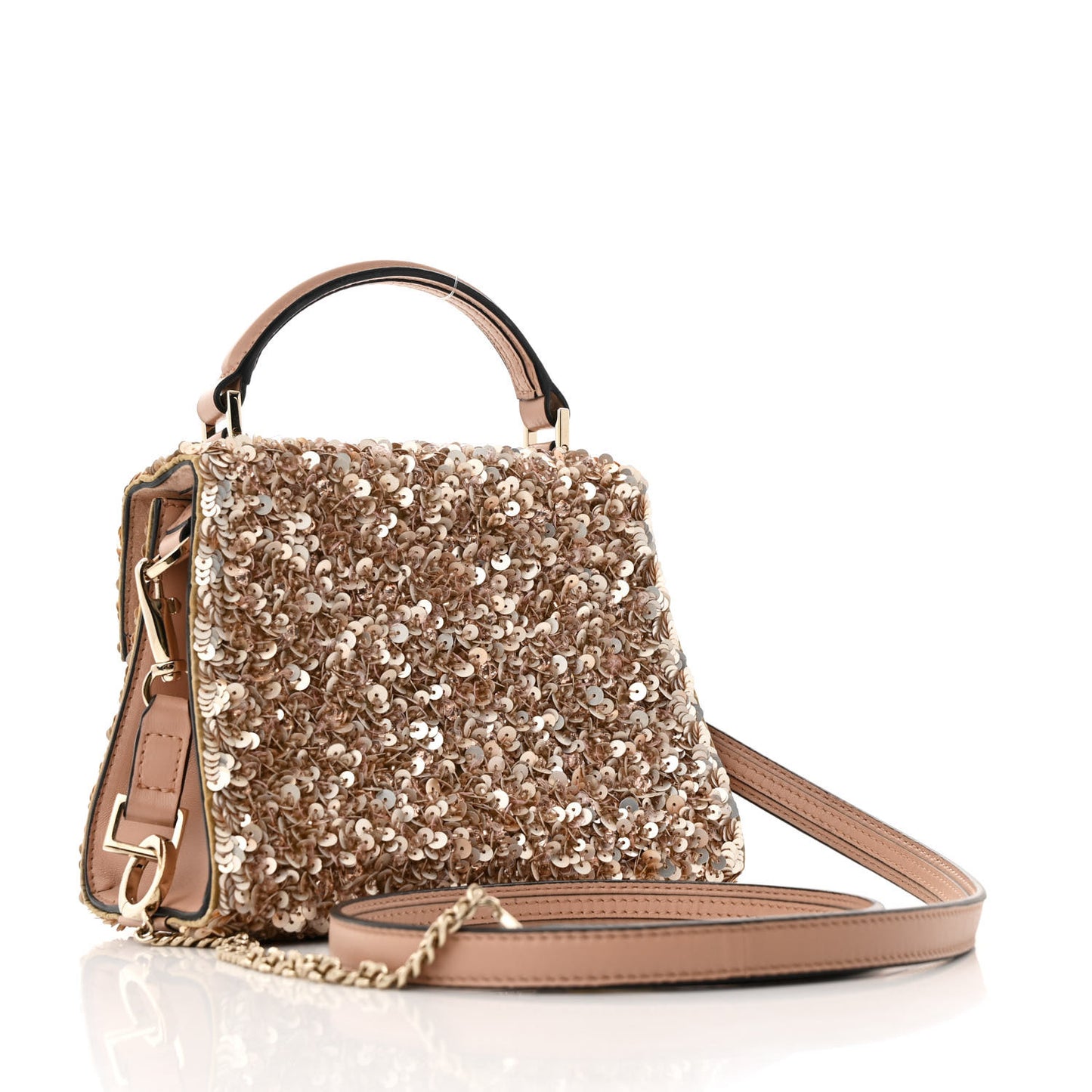 Sequin Crystal Embroidered Mini Vsling Top Handle Bag Light Peach Rose Mist