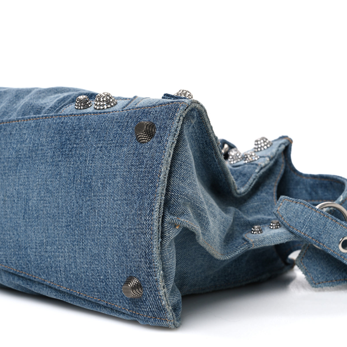 Washed Frayed Denim Crystal Neo Cagole City Handbag Blue
