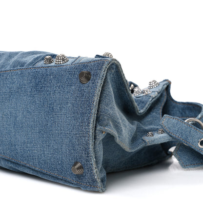 Balenciaga Washed Frayed Denim Crystal Neo Cagole City Handbag Blue 10 of 11