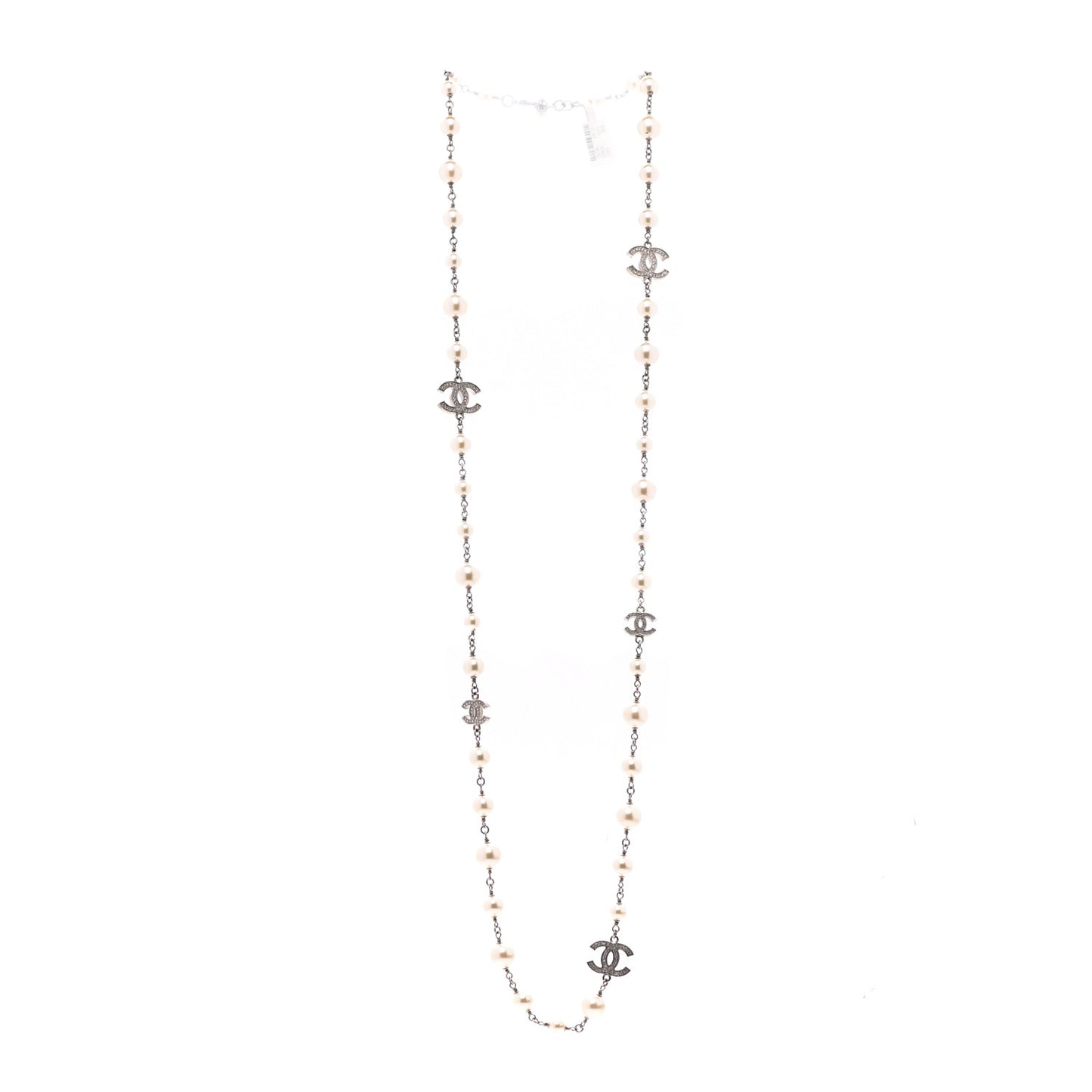Crystal Pearl CC Long Necklace Silver