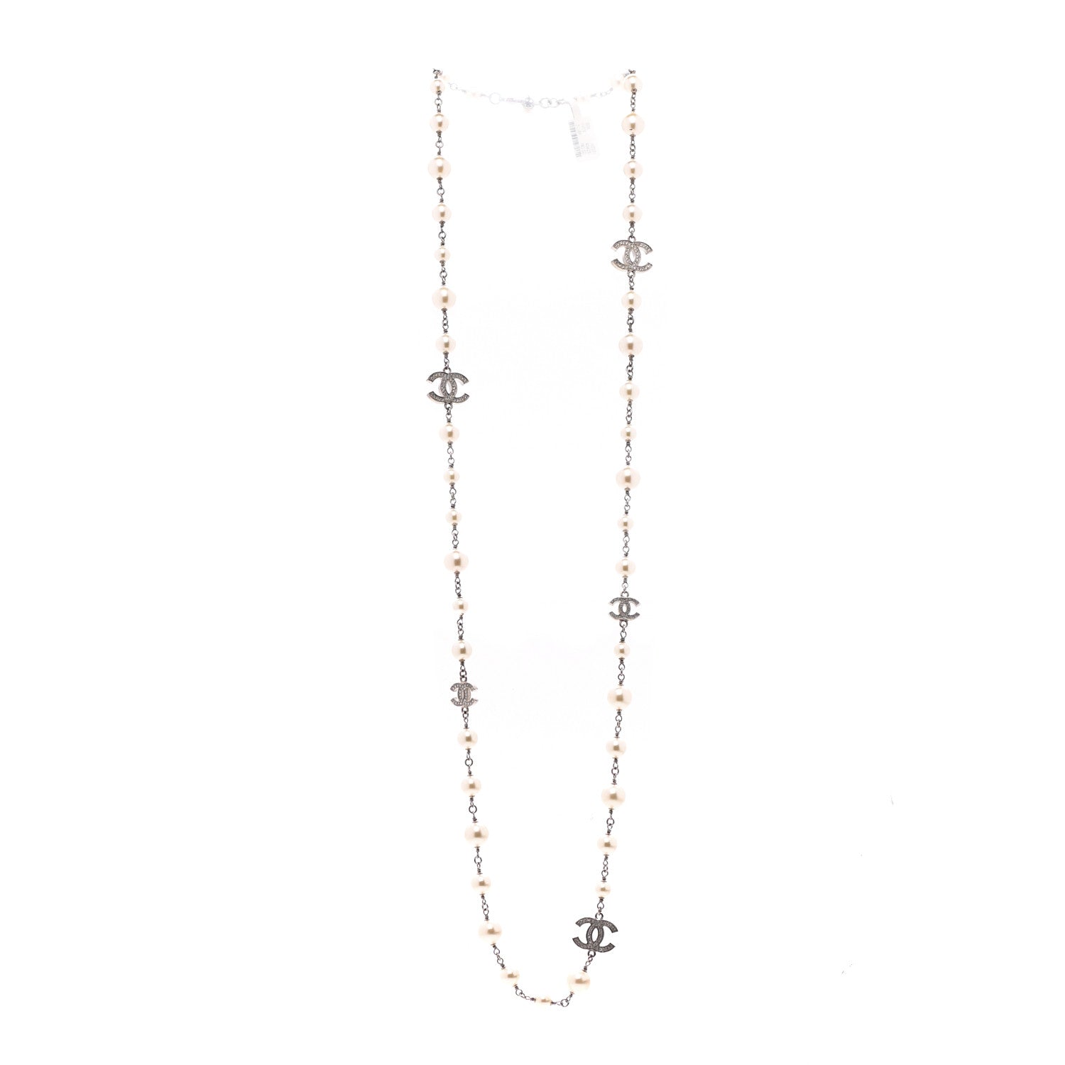 Chanel Crystal Pearl CC Long Necklace Silver 3 of 6