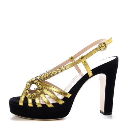 Gucci Velvet Nappa Crystal Zephyra Slingback Platform High Heel Sandals 38.5 Black Gold 1 of 8