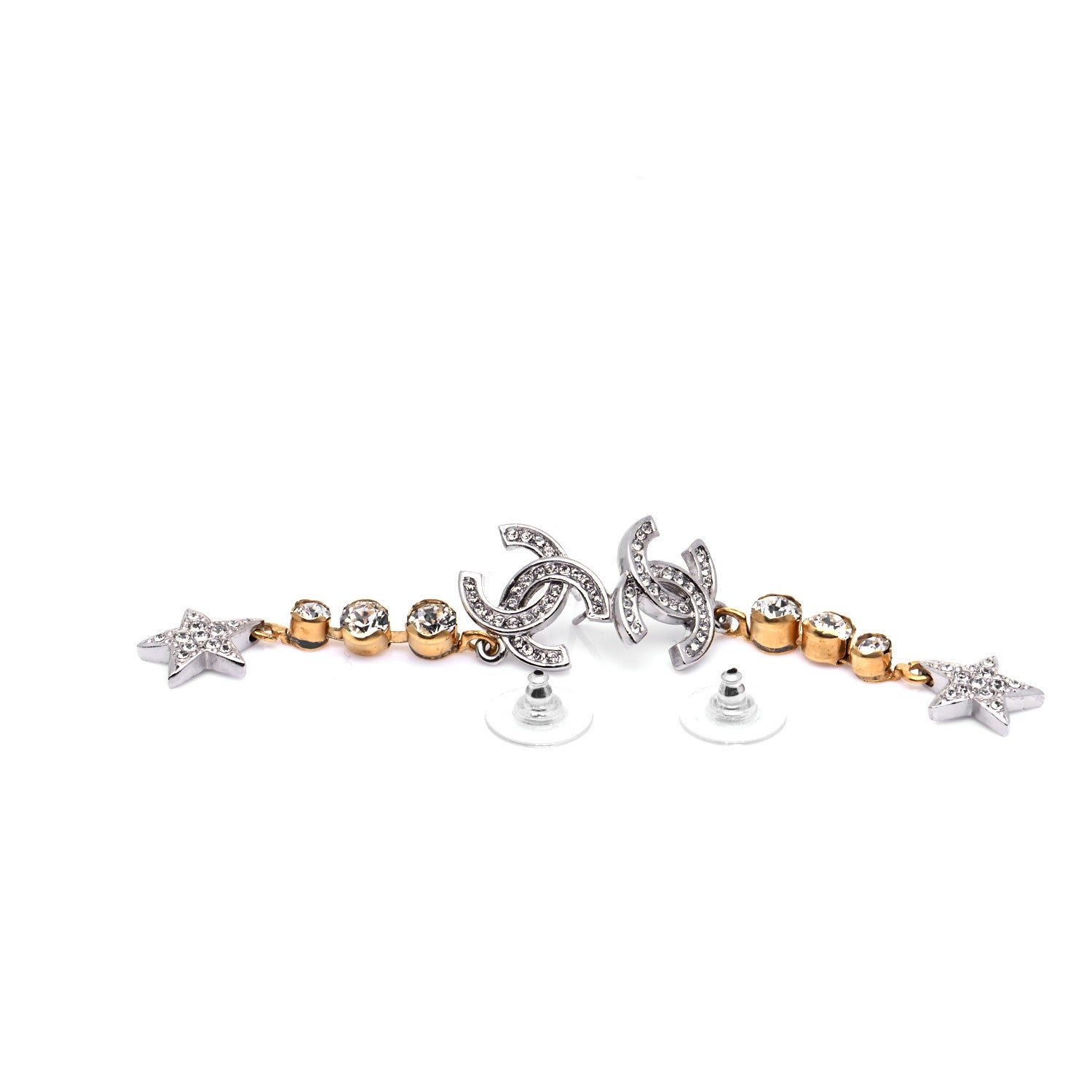 Chanel Crystal Star Drop CC Earrings Silver Gold 4 of 6
