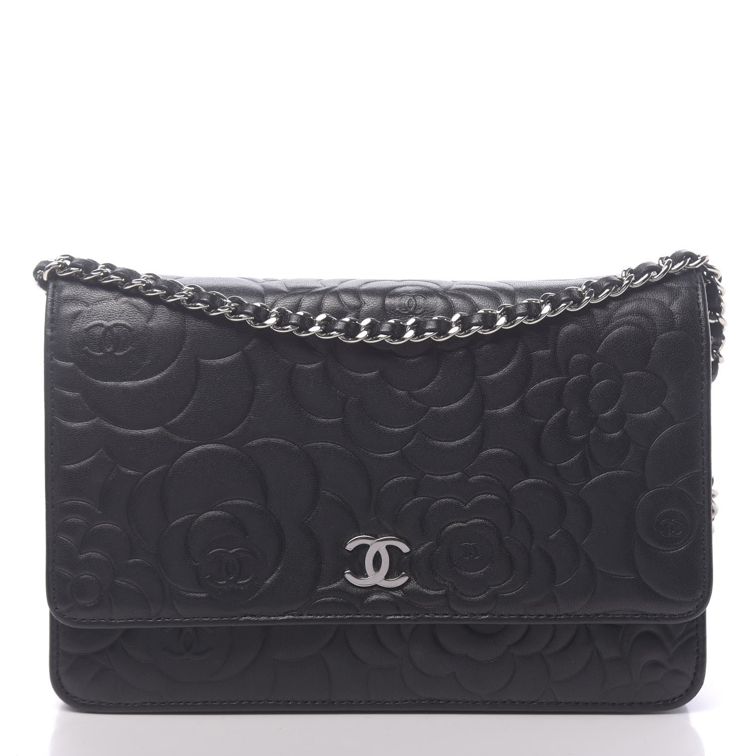 Chanel Lambskin Camellia Embossed Wallet on Chain WOC Black 1 of 13