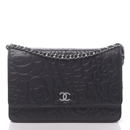 Chanel Lambskin Camellia Embossed Wallet on Chain WOC Black 1 of 13