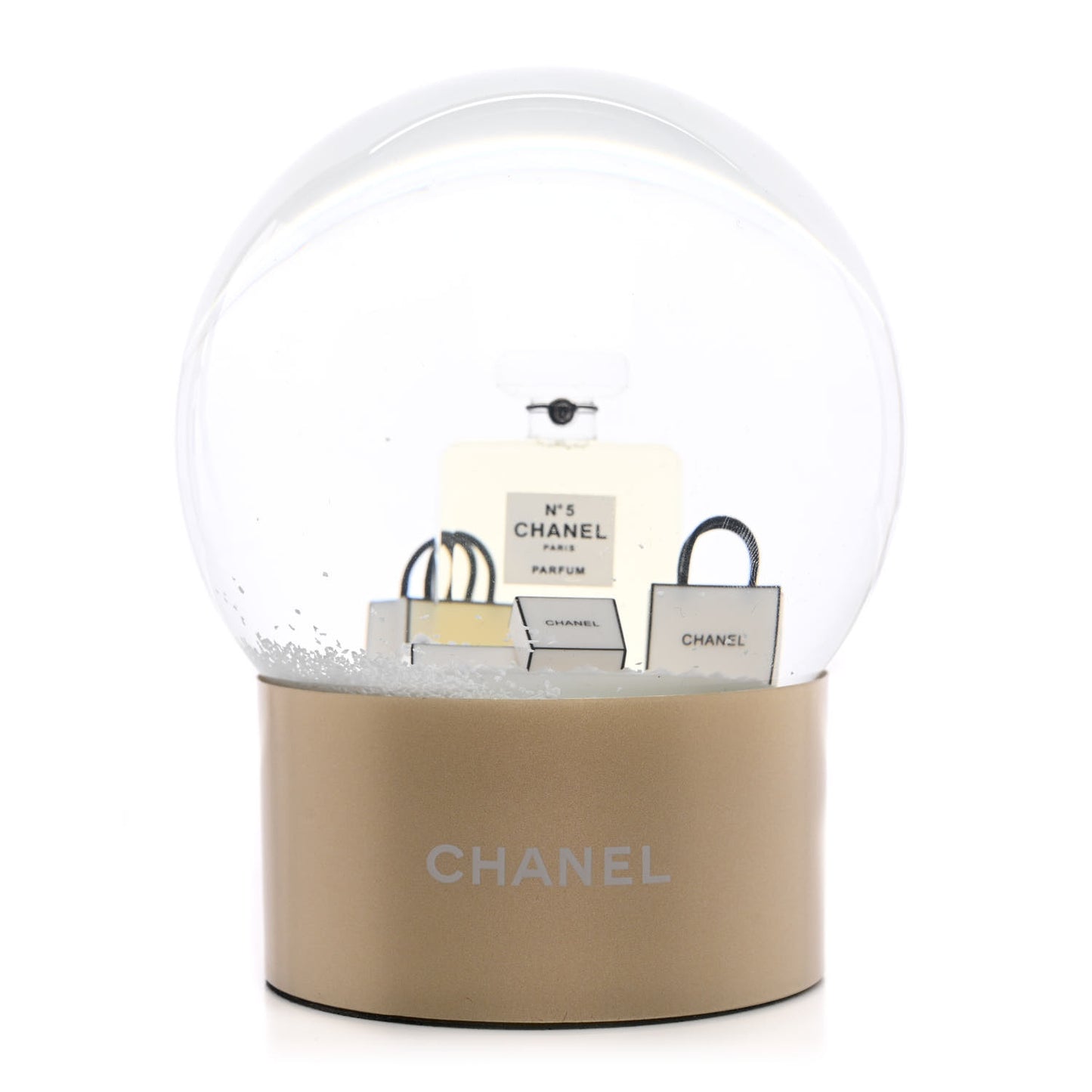 Glass N°5 Perfume Bottle Snow Globe Gold