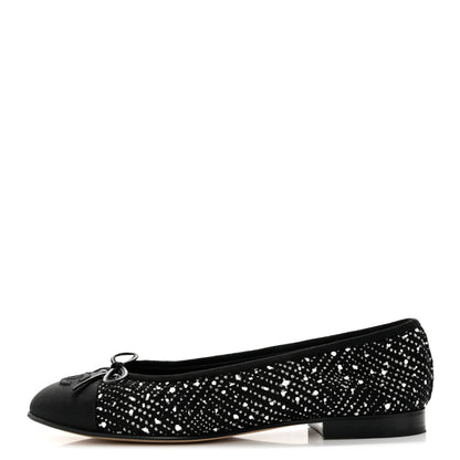 Chanel Tweed Crystal Grosgrain Cap Toe Ballerina Flats 39 Black White 1 of 8