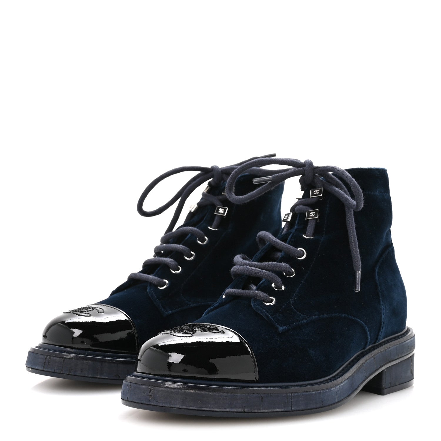 Chanel Velvet Patent Calfskin Lace Up Combat Boots 36.5 Blue Black 4 of 8