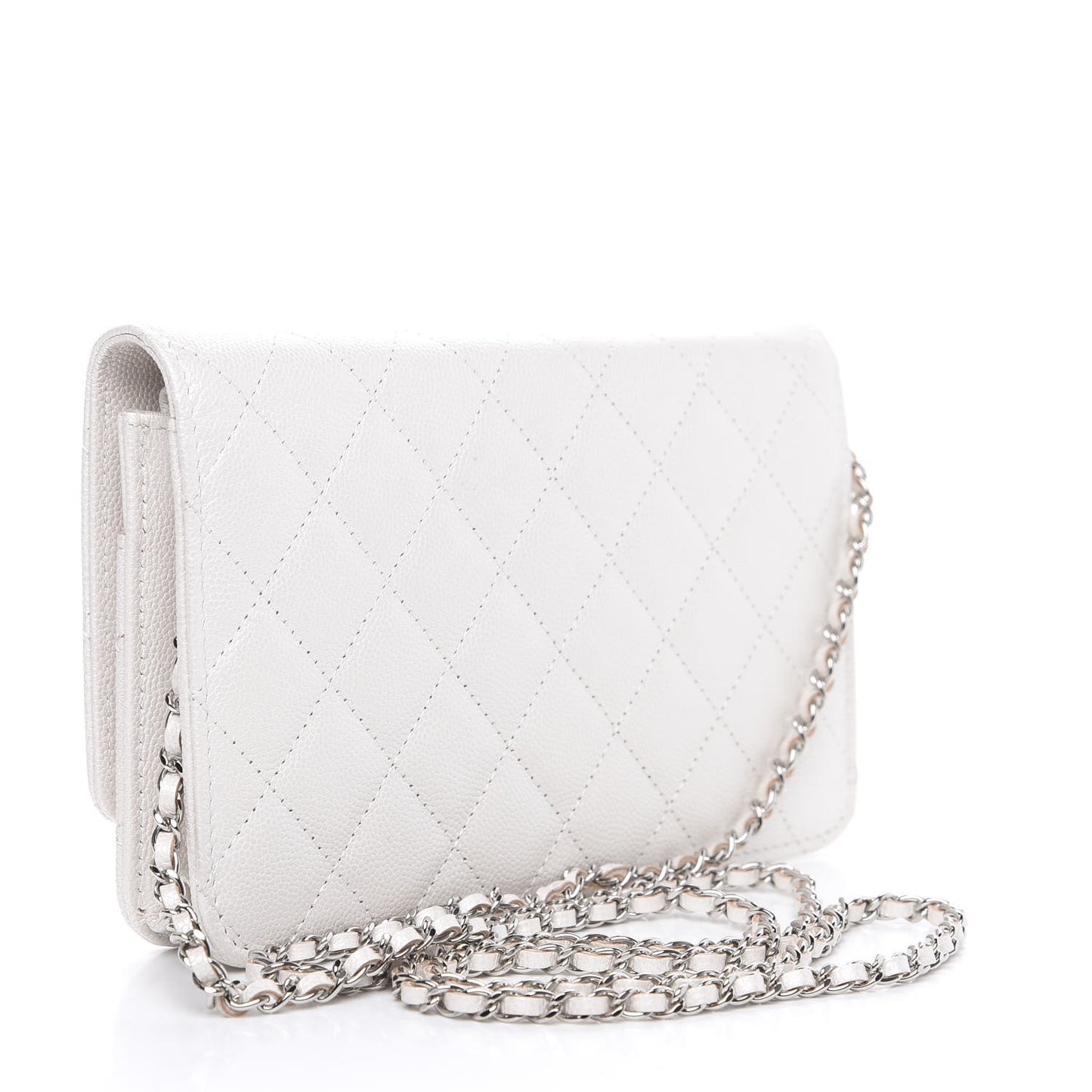 Iridescent Caviar Quilted Golden Class Wallet On Chain WOC White