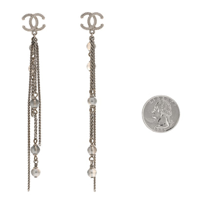 Chanel Metal Chain Pearl CC Drop Earrings Silver 2 of 4