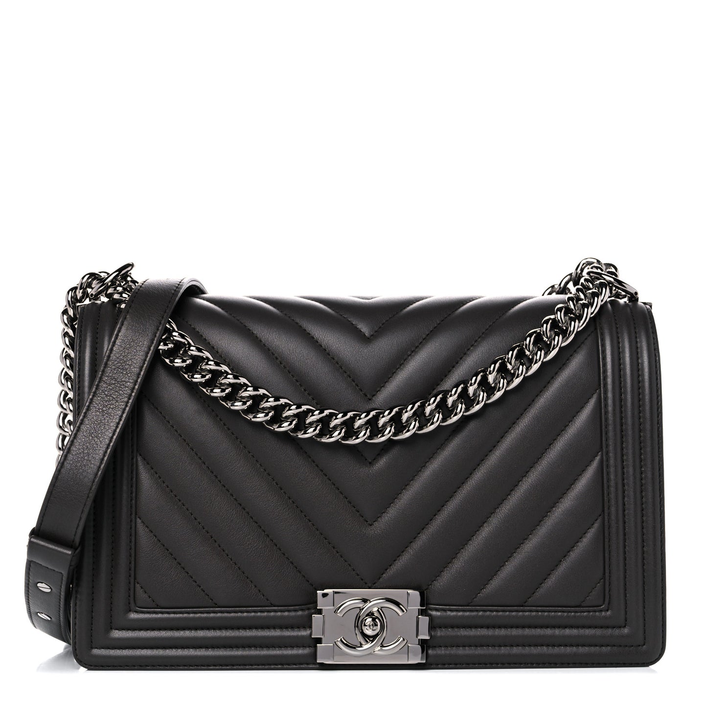 Calfskin Chevron Quilted Medium Boy Flap Black