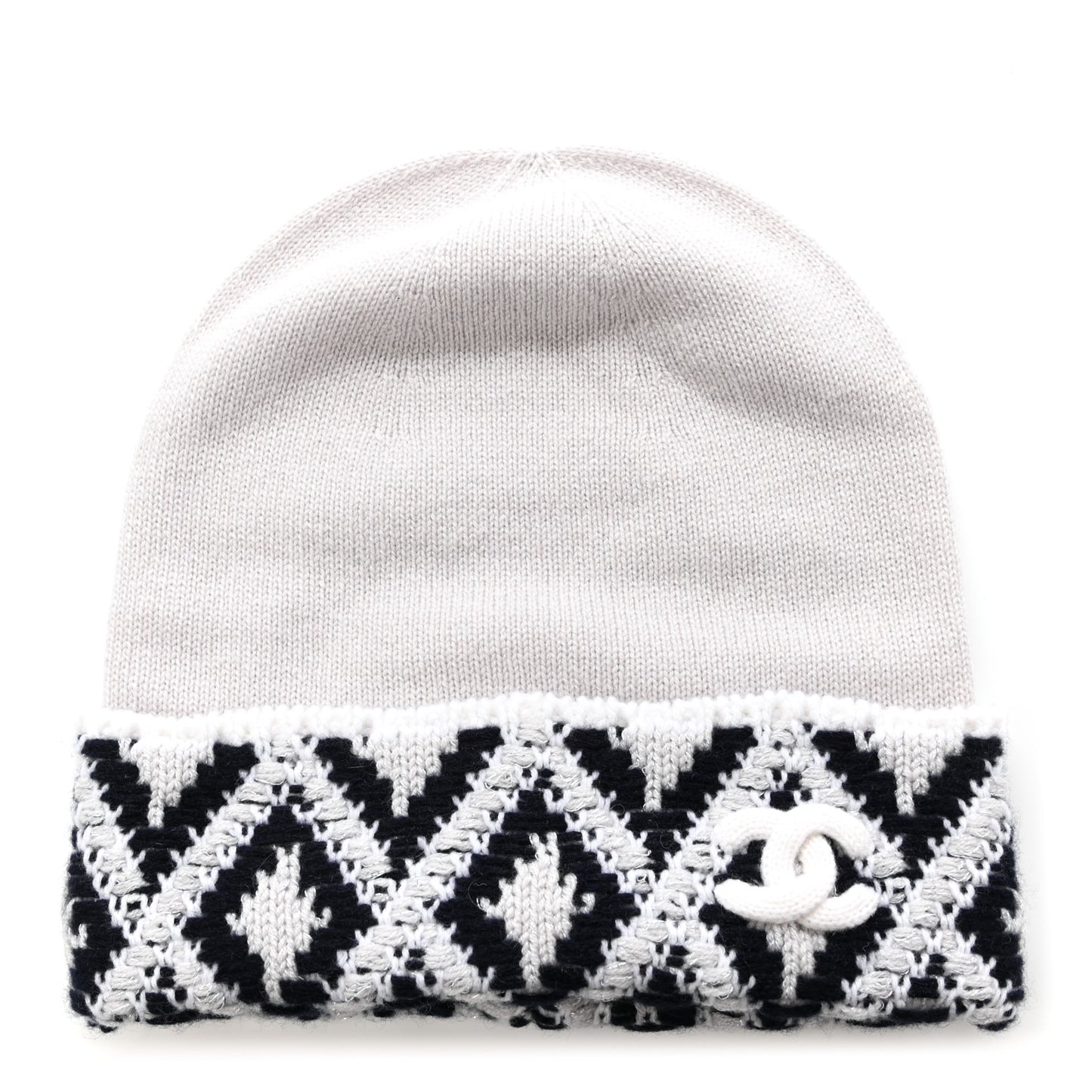 Cashmere Blend CC Beanie Hat White Navy Blue