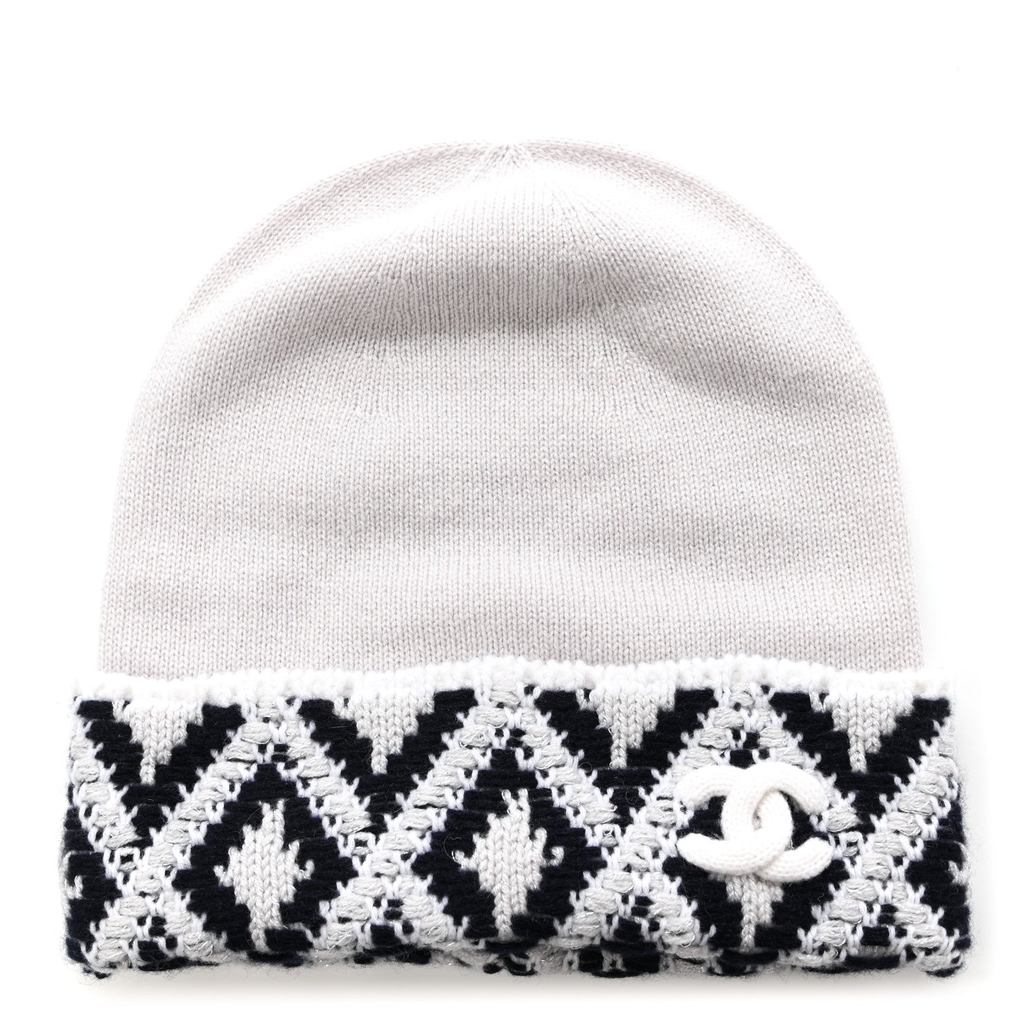 Chanel Cashmere Blend CC Beanie Hat White Navy Blue 1 of 5