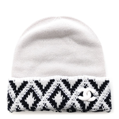 Chanel Cashmere Blend CC Beanie Hat White Navy Blue 1 of 5