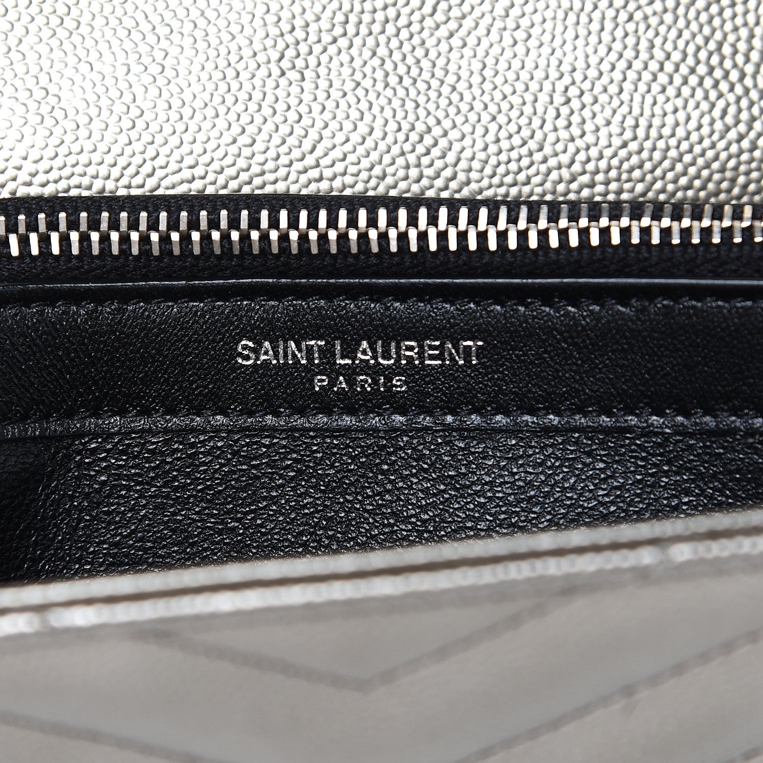 Saint Laurent Metallic Grain De Poudre Matelasse Chevron Monogram Chain Wallet Piombo 6 of 8