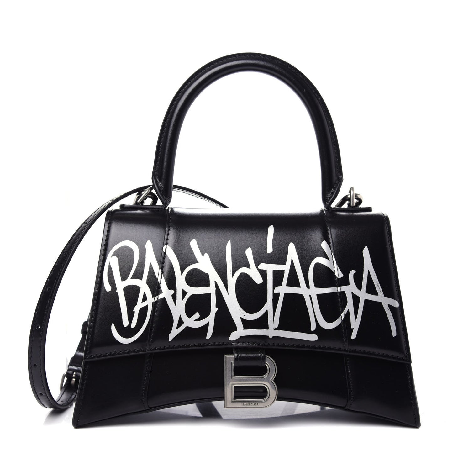 Shiny Box Calfskin Graffiti Logo Small Hourglass Top Handle Bag Black Silver