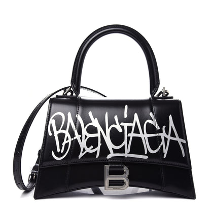 Balenciaga Shiny Box Calfskin Graffiti Logo Small Hourglass Top Handle Bag Black Silver 1 of 10