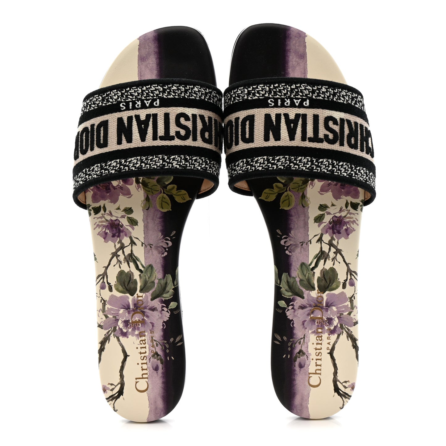Canvas Pivoine Embroidered Dway Flat Slide Sandals 39.5 Off White Violet