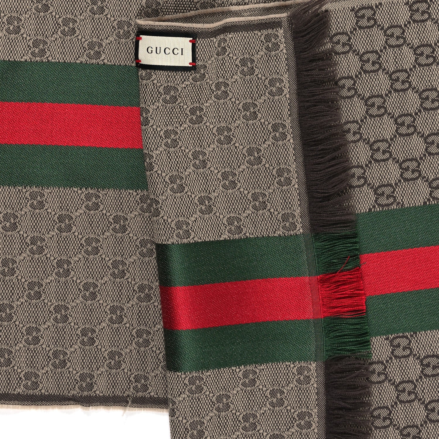 Gucci Wool Silk GG Monogram Web Verbier Fringe Scarf Light Brown Dark Green 3 of 3
