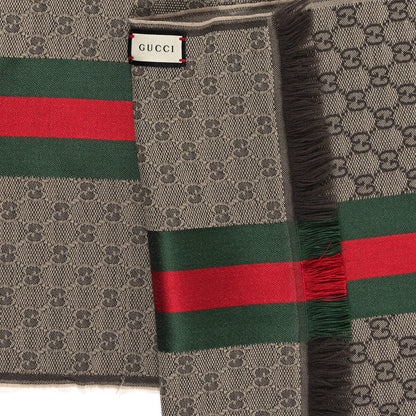 Gucci Wool Silk GG Monogram Web Verbier Fringe Scarf Light Brown Dark Green 3 of 3